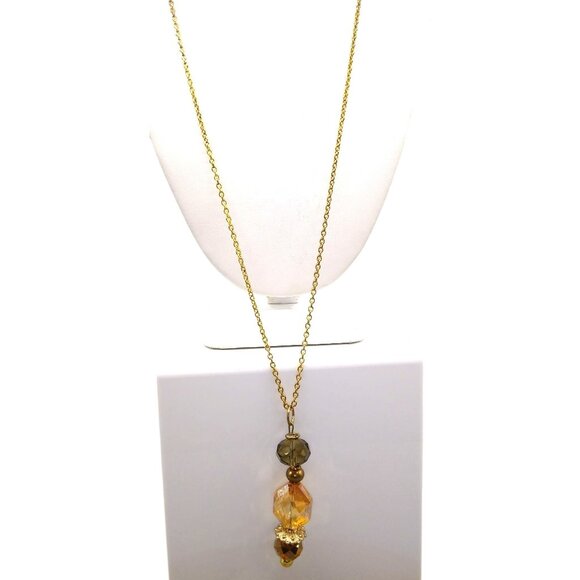 Vintage Hand Beaded Crystal and Art Glass Drop Pendant on Gold Tone Chain Neckla - Picture 1 of 4